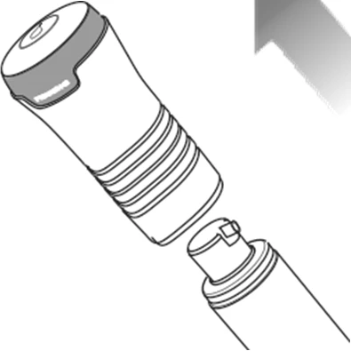 Black and white technical drawing of a pen-shaped medical device with a grooved body and a separate cylindrical component at the base