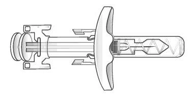 Technical black and white drawing of a medical device with a cylindrical body, a flat base, and a