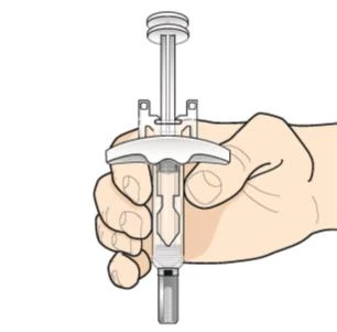 A hand gripping a pre-filled syringe with an upper plunger and a transparent body showing the