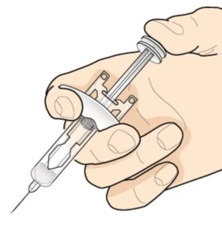A hand holding a syringe with needle pointing downward and gripping the plunger ready for