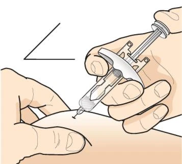 Two hands holding a syringe to inject medication into the arm at an angle of approximately 45 degrees to the skin
