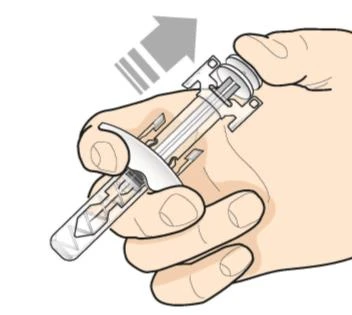Two hands holding an injection pen at an angle with a gray arrow indicating the direction of pressure downward