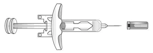 Technical drawing of a syringe with plunger, cylindrical body, and protective wings, separated from the protective cap of the