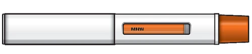 Horizontal white medical auto-injector with a central window showing an orange indicator and an orange cap at the
