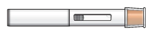 Elongated pen-shaped medical device with white body, a central transparent window showing the liquid, and a
