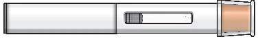 Pen-shaped medical device with white body, a central rectangular window showing the liquid, and a