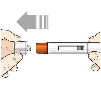 Two hands removing a transparent cap from a white medical device with a