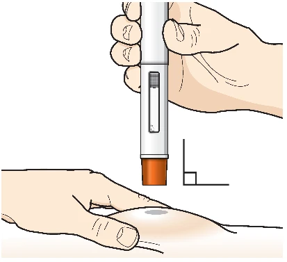 A hand holding a white, vertical auto-injector positioning it perpendicularly on a person's thigh