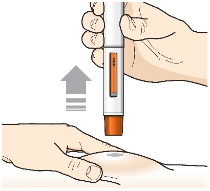 Two hands holding a white and orange injection pen bringing it toward the thigh with a gray arrow pointing downward