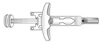 Black and white technical diagram of a medical device with a plunger on the left, a central body, and a tip on the right