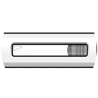 White cylindrical medical device with a transparent rectangular window showing the