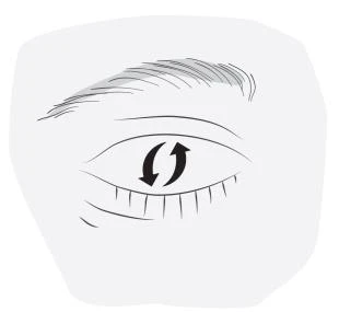 Dibujo lineal de un ojo humano con dos flechas negras curvas colocadas sobre la pupila que indican un movimiento rotatorio horario o antihorario