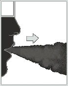 Perfil de un rostro humano que exhala o inhala una nube de humo o aerosol que sale de la boca hacia la derecha con una flecha direccional