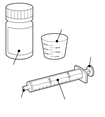 Technical drawing of a bottle with a screw cap, a 30 ml graduated measuring cup, and a 10 ml syringe with milliliter markings