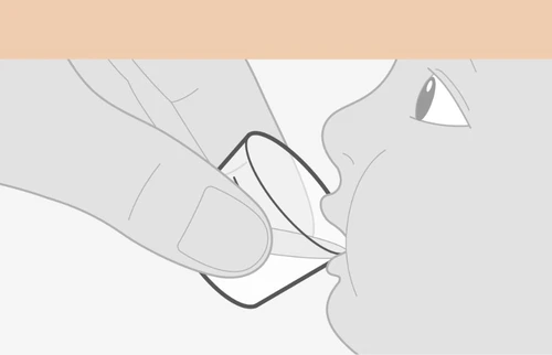 Stylized illustration of a hand holding a small plastic cup near a child's lips to administer a liquid