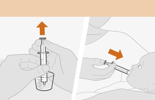 Two-part drawing showing hands using a syringe to draw liquid from a glass and administer it orally to an infant