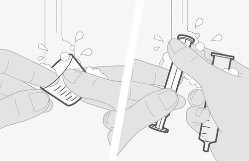 Black and white drawing showing two hands opening a small bottle and two hands holding a syringe with a needle and plunger