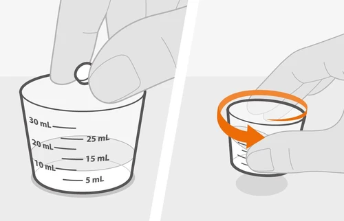 Two illustrations showing a hand pouring liquid into a graduated measuring cup and a hand rotating a container with an orange arrow