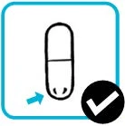 Stylized drawing of a pharmaceutical capsule with a blue arrow pointing toward the base and a white checkmark in a black circle