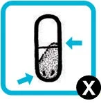 Stylized drawing of a capsule with two blue arrows pointing toward the center and a black icon with a white X in the bottom right