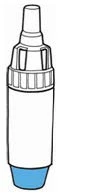 Line drawing of a pen-shaped medical device with a white body, knurled central section, and a light blue base