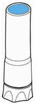 Technical drawing of a white cylindrical container with a shaped base and a light blue upper opening on a white background