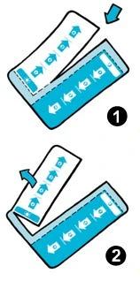 Illustrative diagram in two steps showing how to fold a white sheet with blue arrows toward a blue support with white arrows