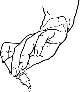 Dibujo con líneas negras de una mano que sostiene un frasco con cuentagotas del que cae una sola gota de líquido