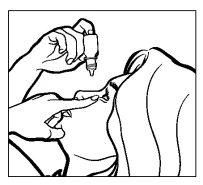 Black and white drawing of a person applying drops from a bottle directly into the