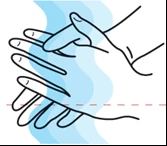 Dibujo estilizado de dos manos superpuestas frotándose entre sí sobre un fondo con ondas azules y una línea punteada rosa horizontal