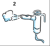 Dispositivo médico en forma de T que emite una nube de aerosol azul desde la parte frontal sobre fondo blanco con el número 2 en la parte superior