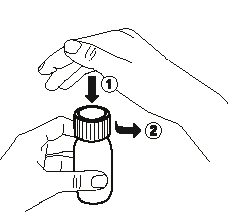 Dibujo técnico que muestra una mano presionando un tapón sobre un frasco indicado con el número 1 y una flecha curva con el número 2