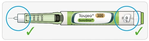 Pluma inyectora Toujeo SoloStar con escala graduada, etiqueta verde y blanca, círculos azules en la punta y botón con marcas de verificación verdes