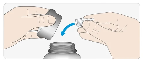 Dos manos abren un frasco médico retirando la tapa oscura y separando la pequeña tapa blanca con una flecha azul que indica el movimiento