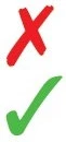 Una gran cruz roja con un signo de error encima de una marca de verificación verde que indica un