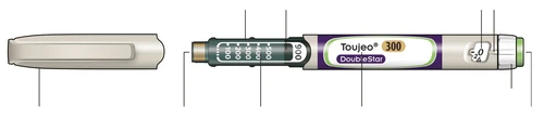 Diagrama horizontal de una pluma inyectora Toujeo 300 DoubleStar con indicaciones numéricas para las unidades y escala graduada para la dosificación