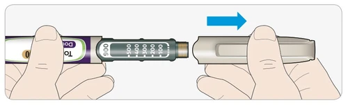 Dos manos separan un dispositivo médico en dos partes, con una flecha azul que indica el movimiento hacia la derecha para desbloquear