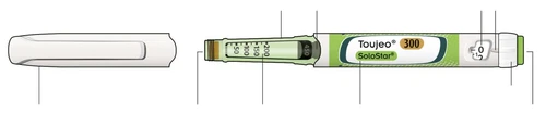 Dibujo técnico de una pluma inyectora Toujeo SoloStar con indicaciones de dosis, escala graduada y componentes resaltados mediante líneas guía