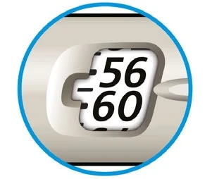 Primer plano de una pantalla digital circular que muestra los números 56 y 60 en negro sobre fondo blanco en el