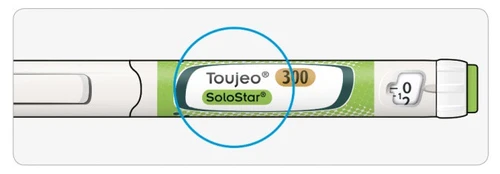 Detalle de una pluma inyectora Toujeo SoloStar con la concentración 300 resaltada mediante un círculo azul