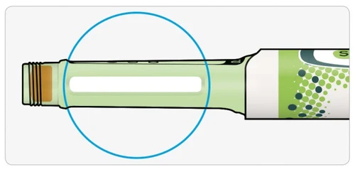 Dibujo técnico de un dispositivo médico cilíndrico verde con un
