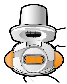White medical device with a central orange button and circular structure featuring small black details on a white background