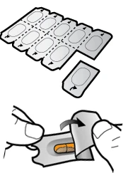 Illustration of a tablet blister pack with a single compartment and hands opening an individual pouch to extract an orange pill