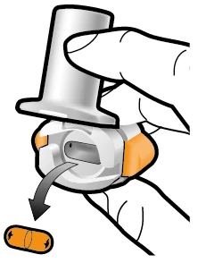 A hand holding a white and orange medical device with a black arrow indicating a downward rotating motion