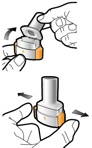 Two drawings show hands rotating the upper and side parts of a white medical device with orange details to activate it