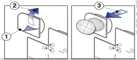 Diagrama en dos fases que muestra cómo girar y presionar un dispositivo médico sobre una base para su