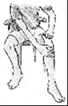 Dibujo en blanco y negro de una persona sentada en un taburete con una banda elástica envuelta alrededor del muslo izquierdo
