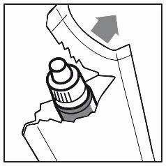 Dibujo técnico que muestra una flecha gris que indica el movimiento de extracción de un tapón o de una parte de un envase médico dentado