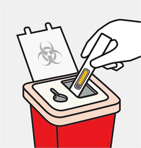 Una mano introduce una prueba de diagnóstico con tira amarilla en un contenedor rojo para residuos biológicos con tapa blanca y símbolo de bio-peligro