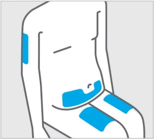 Diagrama estilizado de un torso humano con áreas azules que indican los sitios de aplicación del medicamento en el brazo, en el